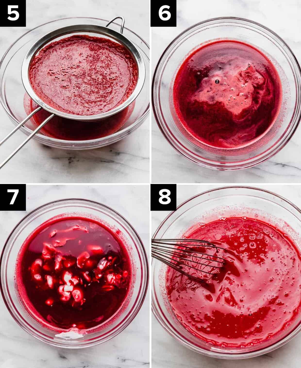 Four photos showing the process of how to make raspberry soup recipe: fine mesh strainer over a bowl with raspberry soup being poured into the strainer (top left), sieved raspberry soup in glass bowl (top right), yogurt added to raspberry soup in a glass bowl (bottom left), a whisk stirring raspberry soup in a glass bowl (bottom right).