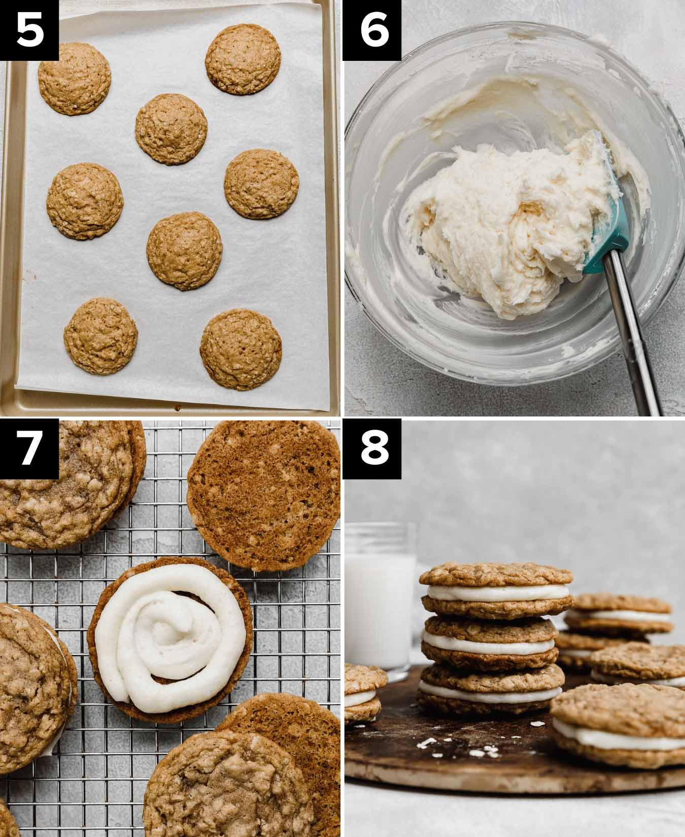 Four photos the making of Little Debbie oatmeal creme pies: baked oatmeal cookies on baking sheet (top right), white frosting in glass bowl (top left image), frosting covered oatmeal cookie (bottom left), oatmeal creme pie sandwich cookies (bottom right).
