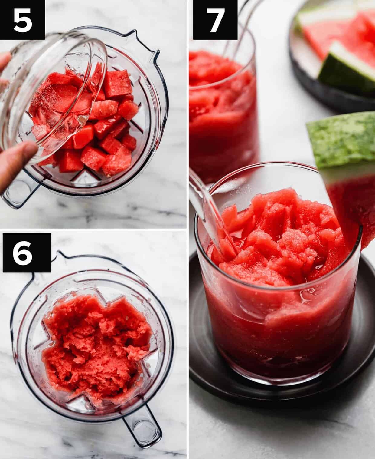 Three photos showing the making of a summer Watermelon Slushie recipe: sugar water poured overtop cubed watermelon in a blender (top left image), pureed watermelon slush (bottom left), Watermelon Slushie in a glass cup (photo on the right).