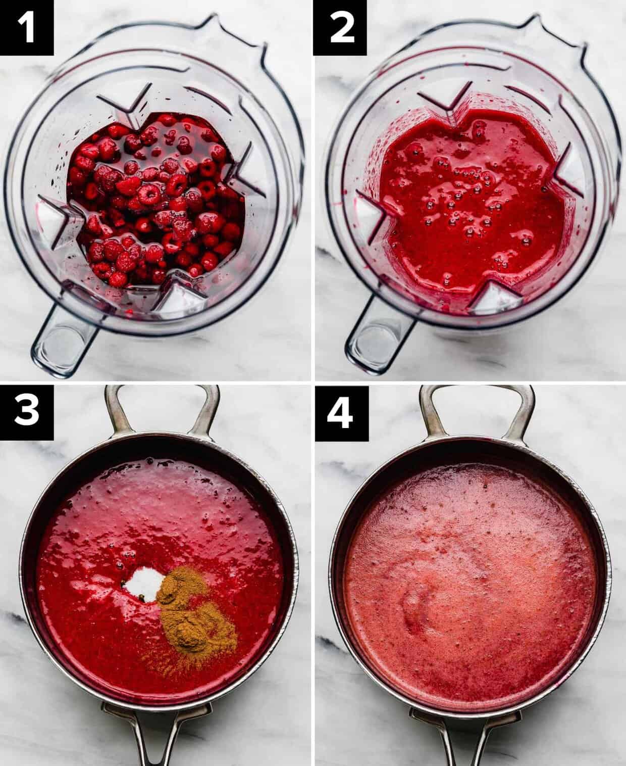 Four photos showing how to make the best homemade raspberry soup: blender with fresh raspberries in it (top left), pureed raspberries in blender (top right), raspberry puree, sugar, and cinnamon in a saucepan (bottom left), red raspberry sauce in a saucepan (bottom right).