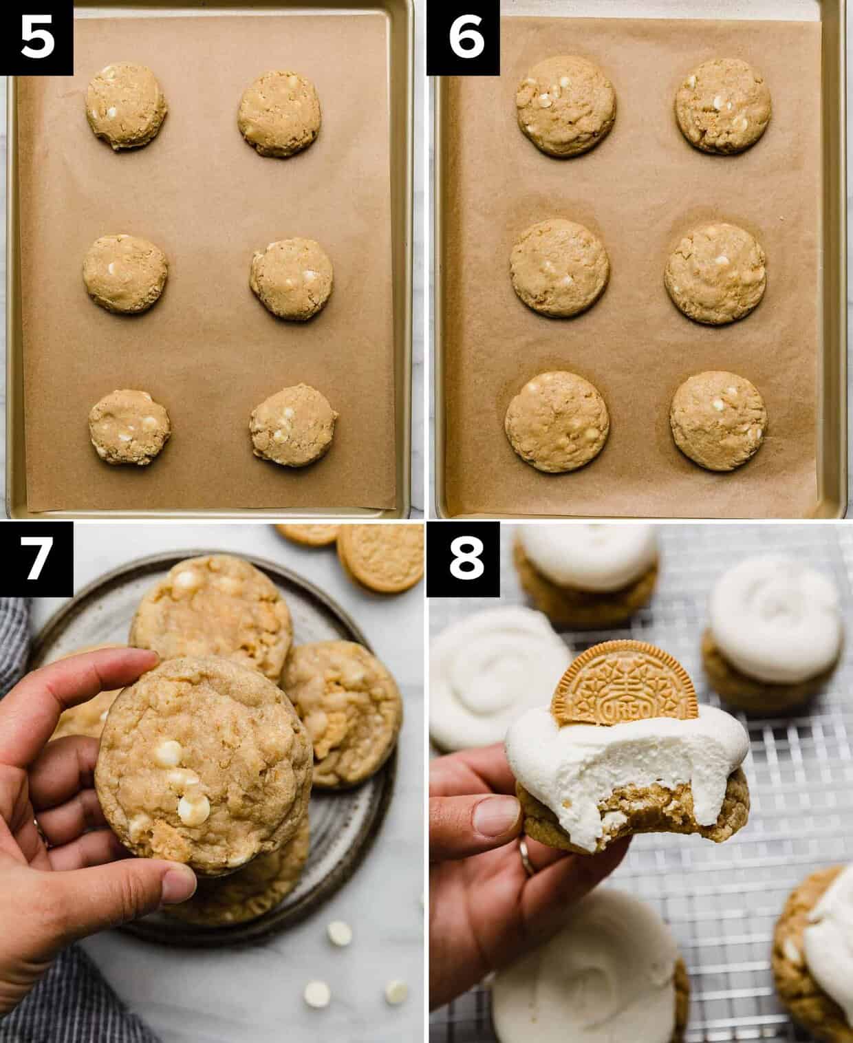 Four photos: six golden oreo cookie dough balls on a baking sheet (top left), baked golden oreo cookies on a baking sheet (top right), a hand holding a baked Crumbl Golden Oreo Cookie (bottom left), and hand holding a Golden oreo cookie topped with a white frosting (bottom right).