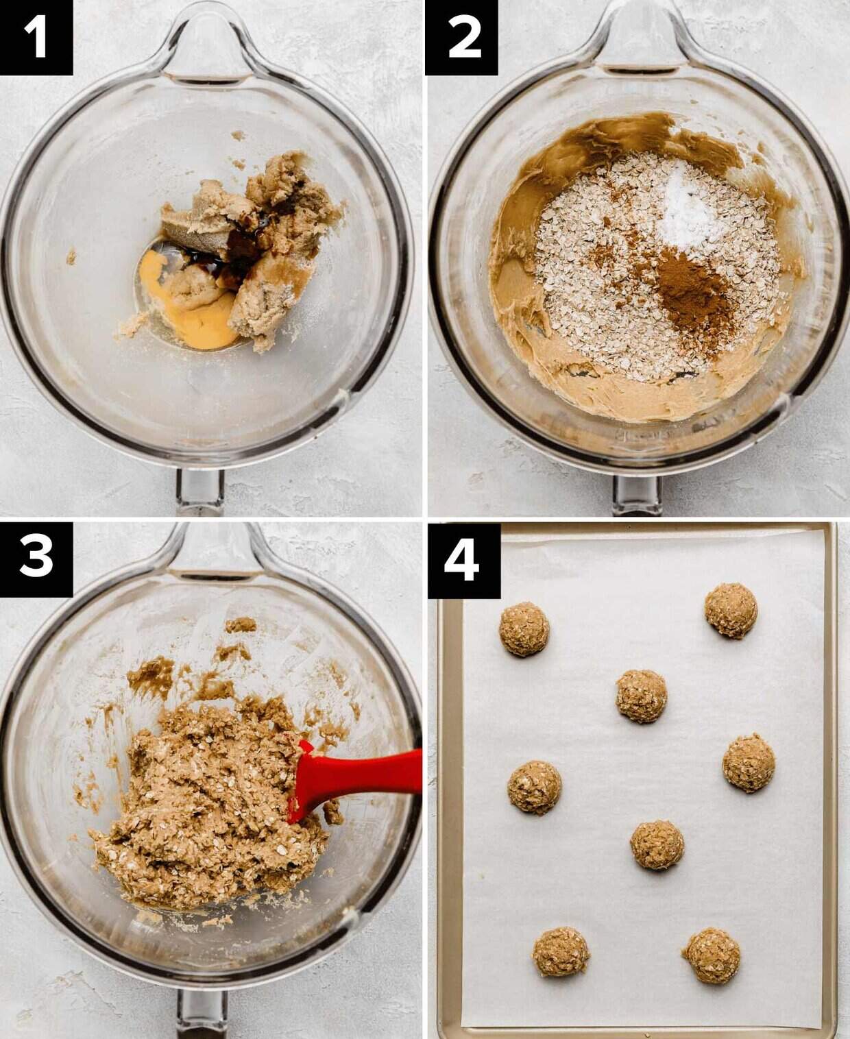 Four photos showing how to make oatmeal cream pie cookie dough: Top two photos are a glass bowl with butter, sugar, and the addition of flour and oats added to the bowl, bottom two photos are cookie dough made (bottom left), and cookie dough balls on a baking sheet (bottom right).