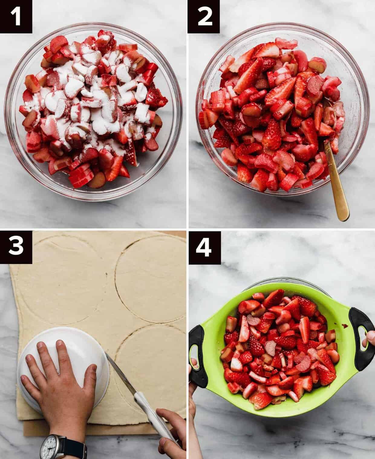 Four photos showing the process of how to make a strawberry rhubarb galette: granulated sugar over chopped rhubarb in a glass bowl (top left), sugar coated rhubarb and strawberries in a bowl (top right), a hand cutting a round circle in puff pastry sheets (bottom left), strawberries and rhubarb in a light green colander (bottom right).