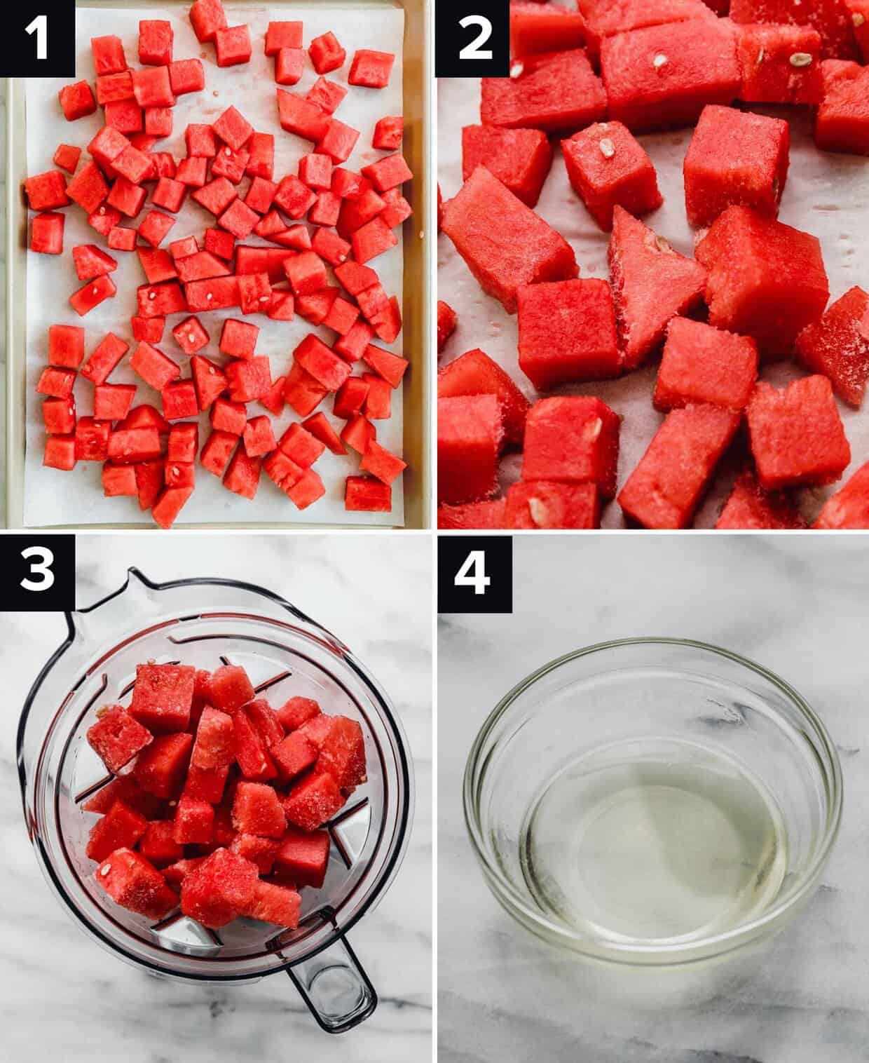 Four photos showing how to make an easy watermelon slushie drink: cubed watermelon on baking sheet (top left), close up of frozen watermelon pieces (top right), watermelon squares in a blender (bottom left), glass bowl filled with sugar water (bottom right).