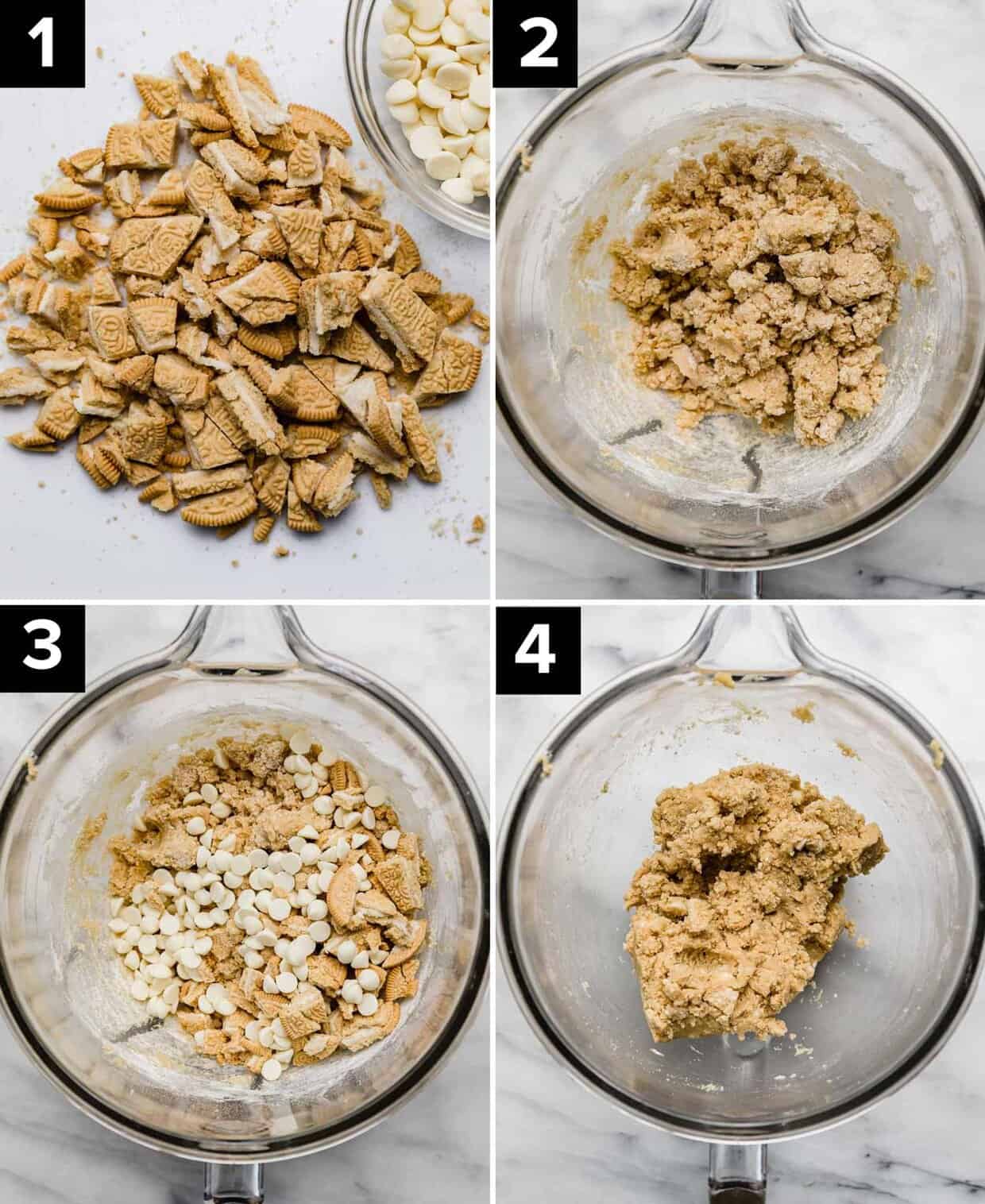 Four photos showing how to make Golden Oreo cookies with white chocolate chips: chopped Golden Oreos (top left), dough in glass bowl (top right), white chocolate chips and crushed Oreos added to dough (bottom left), mixed Golden Oreo Cookie dough in glass bowl (bottom right).