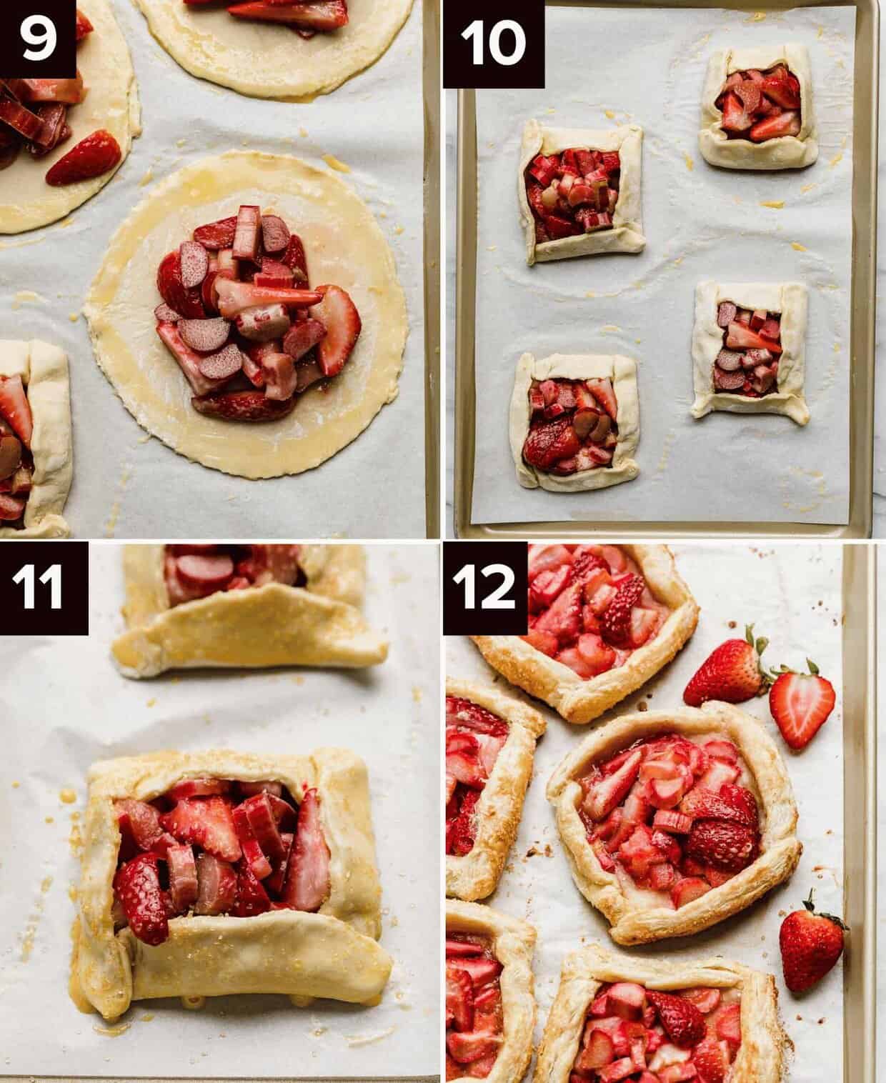 Four photos showing how to make Rhubarb Strawberry Galette recipe using puff pastry sheets.