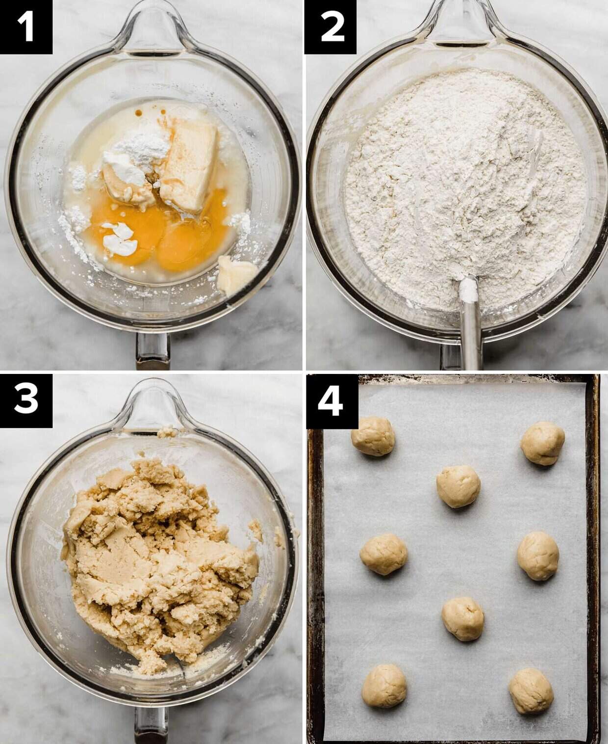 Four photos showing how to make crackly sugar cookies (copycat Swig cookies): wet ingredients in glass bowl (top left), dry ingredients in glass bowl (top right), sugar cookie dough in glass mixing bowl (bottom left), sugar cookie dough balls on baking sheet (bottom right).