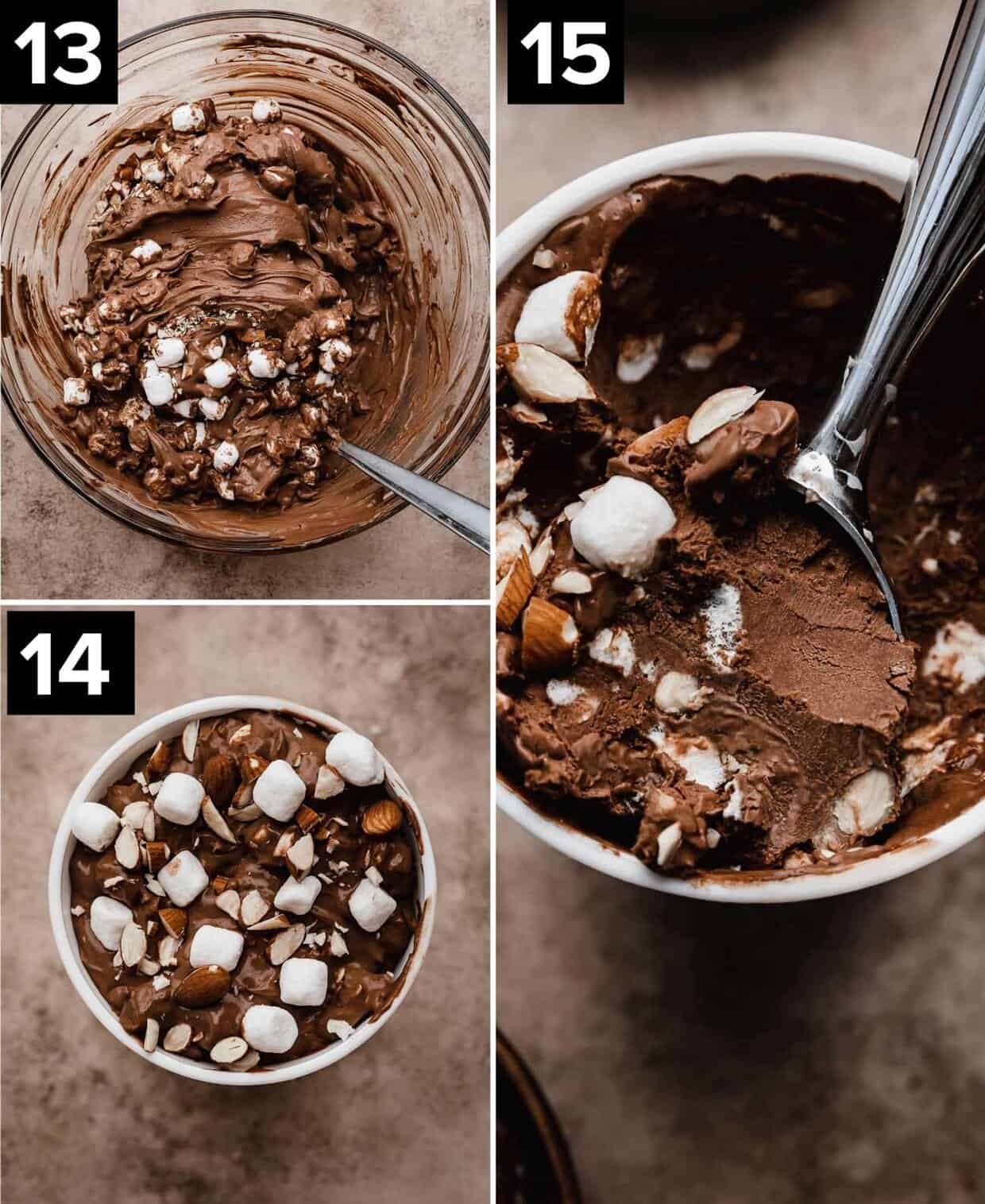 Three photos showing how to make the best Rocky Road Ice Cream Recipe: marshmallow and almonds mixed into a chocolate custard base in a glass bowl, Rocky Road Ice Cream in a round freezer safe container (bottom image), a cookie scoop scooping out rocky road ice cream with mini marshmallows and almonds mixed into the ice cream (far right image).