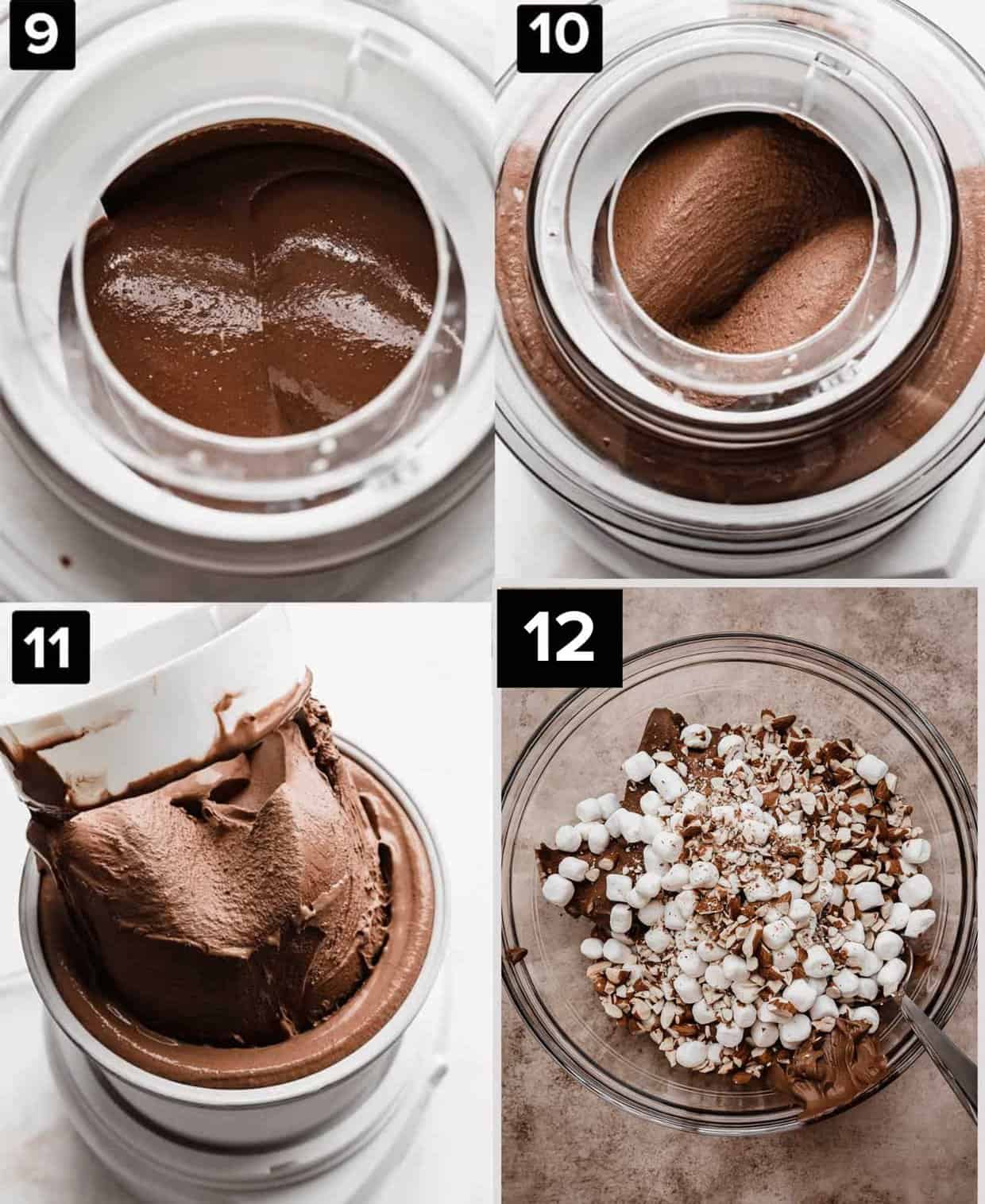 Four photos showing how to make Rocky Road Ice Cream: chocolate ice cream base being churned in an ice cream machine (top left and right images), churned chocolate ice cream (bottom left), marshmallows and chopped almonds in a glass bowl (bottom right).