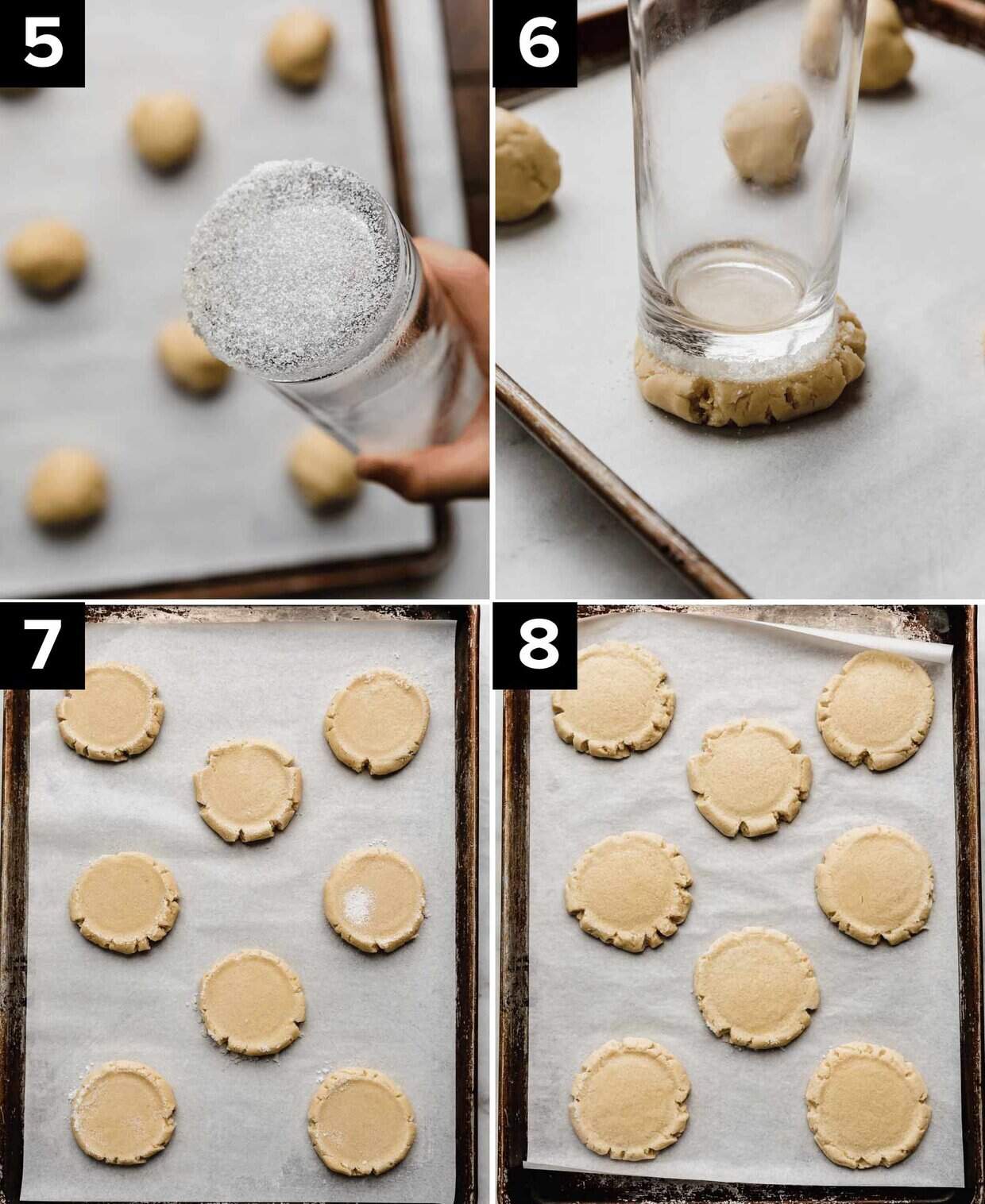 Photos showing secrets to making Swig sugar cookies: sugar coated glass cup (top left), glass cup pressing into sugar cookie dough ball (top right), sugar cookies on a baking sheet (bottom left), baked swig sugar cookies on a baking sheet (bottom right).