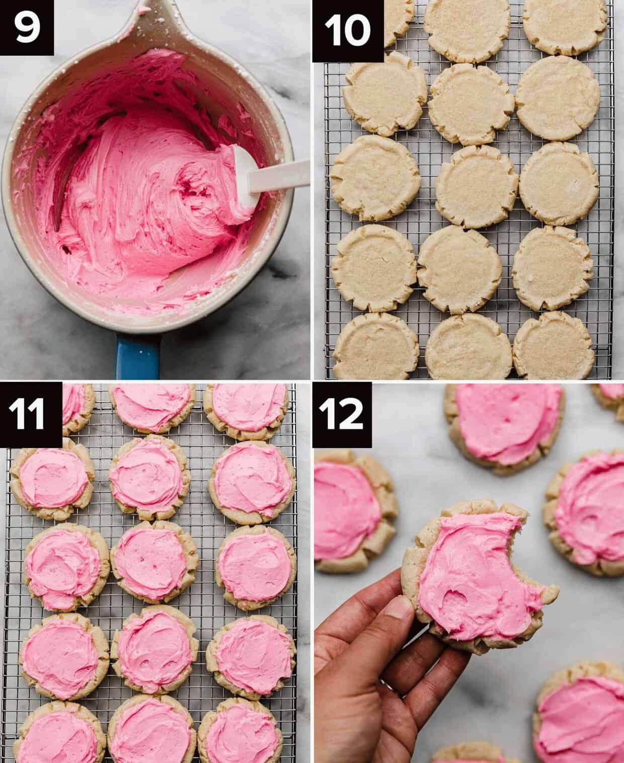 Four photos showing the process of how to make copycat Swig sugar cookies with pink frosting: pink frosting in metal mixing bowl (top left), baked round sugar cookies on a cooling rack (top right), pink frosting covered sugar cookies on cooling rack (bottom left), bite taken out of a pink frosting covered Swig sugar cookie (bottom right).