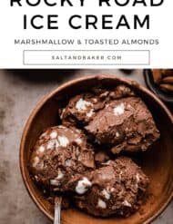 Rocky Road Ice Cream in a brown bowl with the words, "Rocky Road Ice Cream marshmallow and toasted almonds" written in black text above the photo.