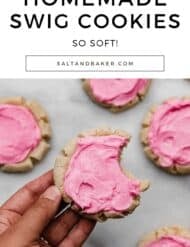 Pink frosted sugar cookies with the words, "Homemade Swig Cookies, so soft!" written in black text above the photo of the swig sugar cookie.