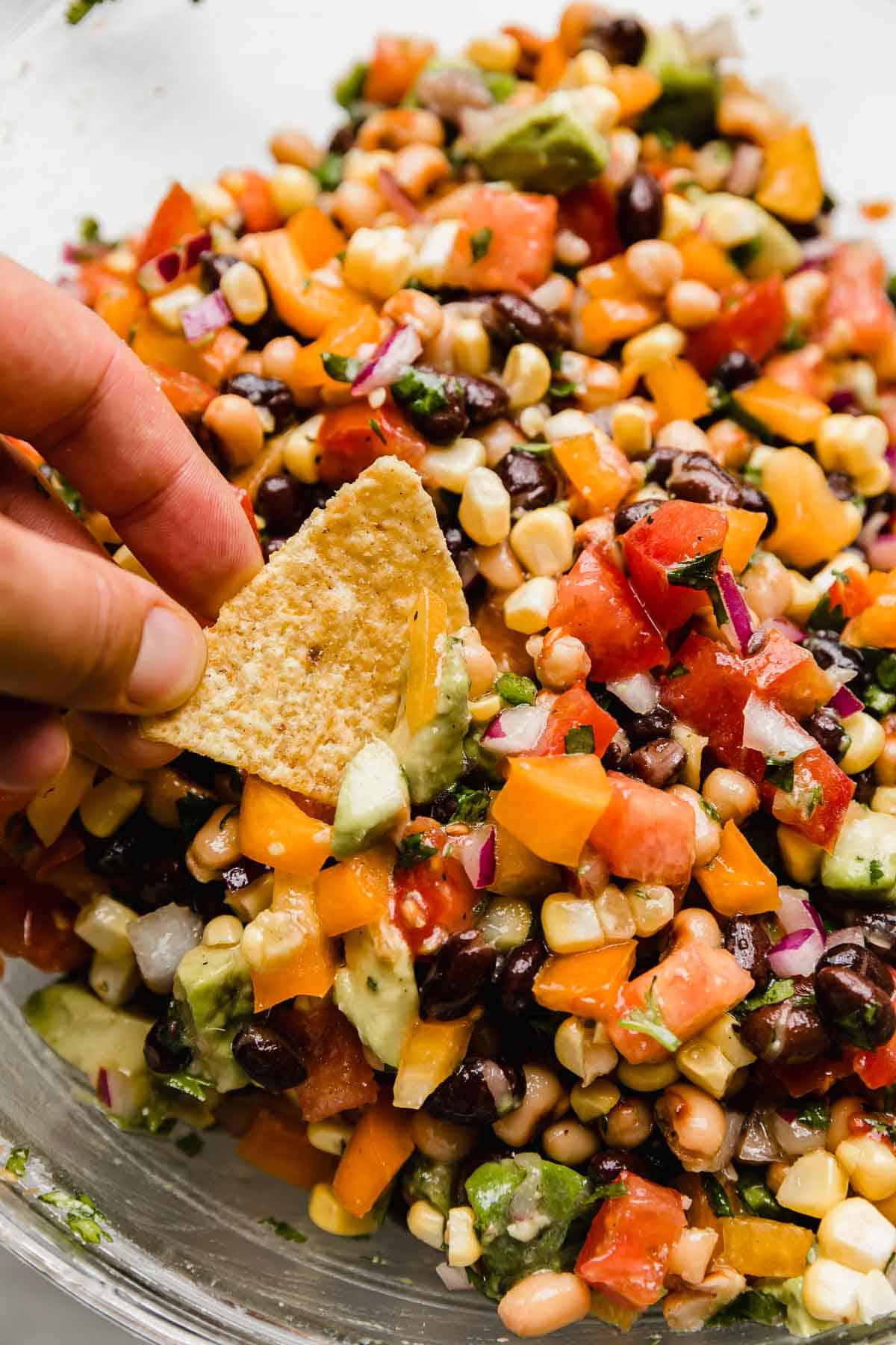 Texas caviar (diced tomatoes, peppers, beans, cilantro, and onion) in a glass bowl with a hand dipping a tortilla chip into the cowboy caviar recipe.