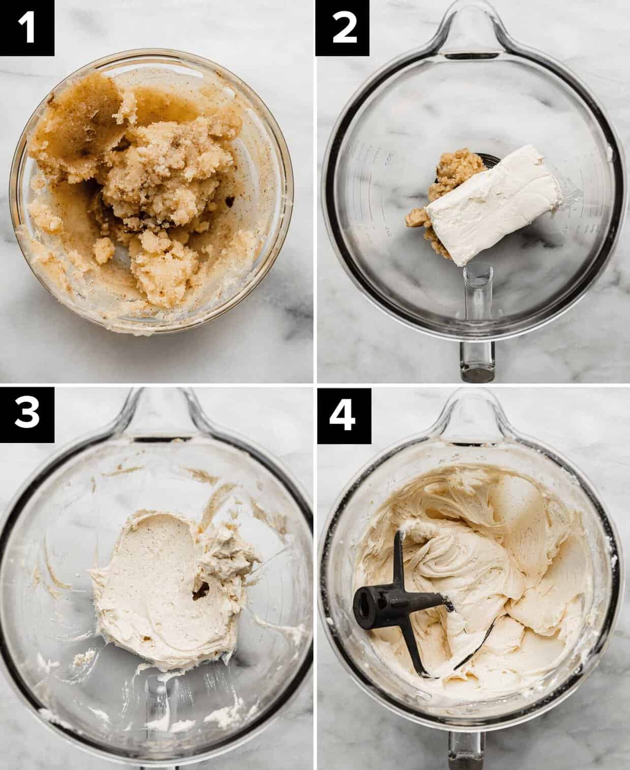 Four photos showing the process of how to make easy browned butter cream cheese frosting using a block of cream cheese: brown butter in bowl (top left), cream cheese and butter in glass bowl (top right), creamed butter and cheese (bottom left), whipped browned butter cream cheese frosting in glass bowl (bottom right).