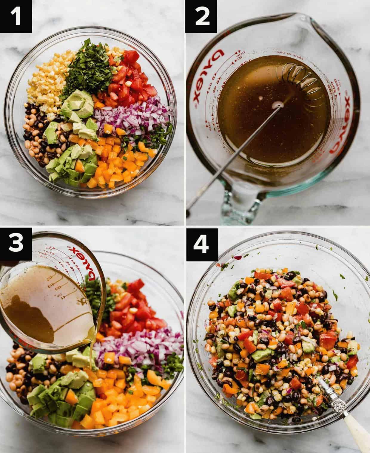 Four photos showing how to make an easy Texas Caviar recipe: chopped veggies in a glass bowl (top left), light brown colored dressing in a liquid measuring cup (top right), dressing being poured overtop cowboy caviar ingredients in a bowl (bottom left), tossed Texas Caviar recipe in a glass bowl on a white surface (bottom right).