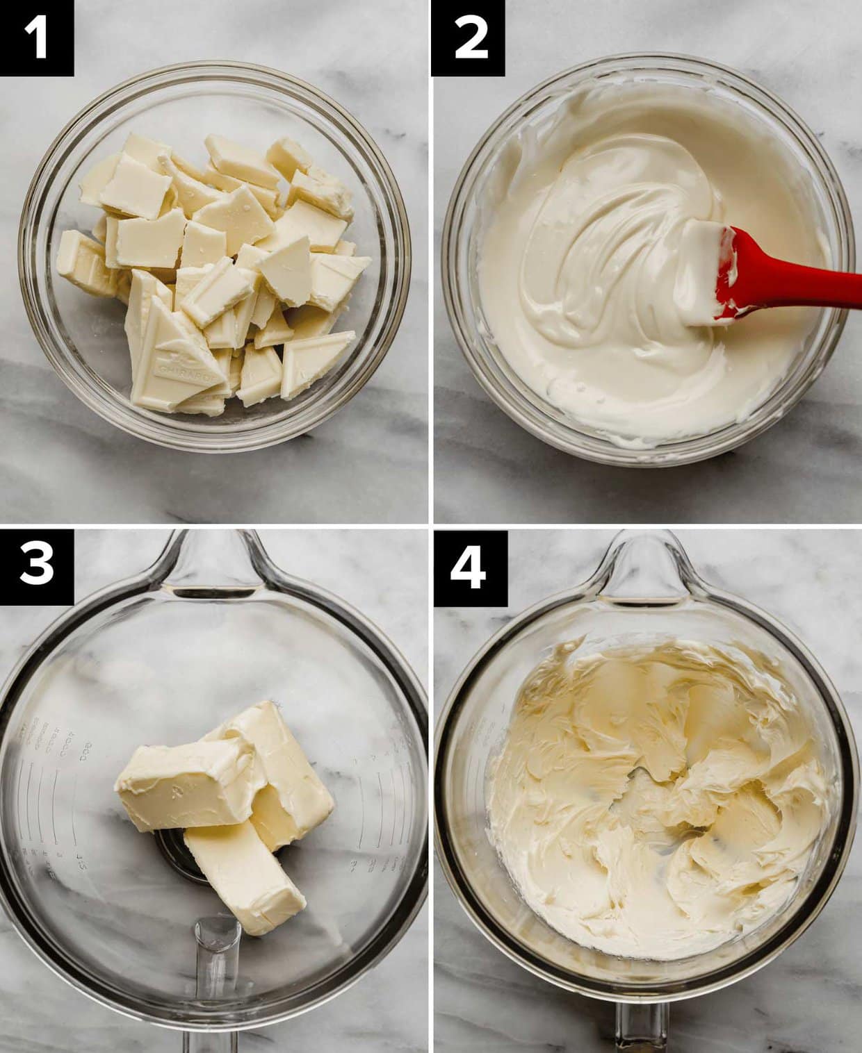 Four photos showing how to make white chocolate buttercream frosting: white chocolate in glass bowl (top left), melted white chocolate in a bowl (top right), butter in glass bowl (bottom left), whipped butter in glass bowl (bottom right).