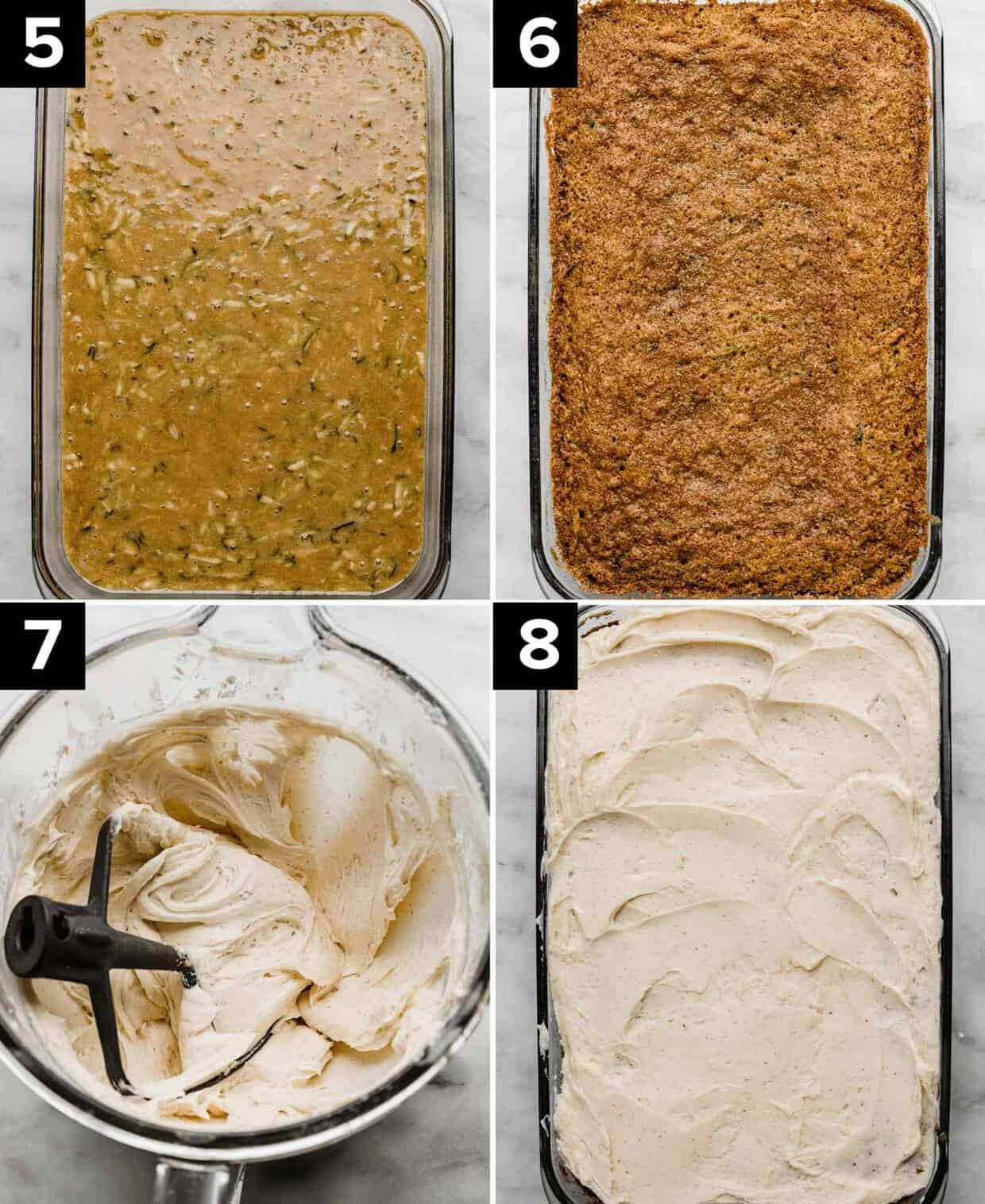 Four photos showing how to make the best zucchini cake: zucchini cake batter in rectangle pan (top left), baked zucchini cake (top right), brown butter cream cheese frosting in a glass bowl (bottom left), brown butter cream cheese frosting covering a baked zucchini cake (bottom right).