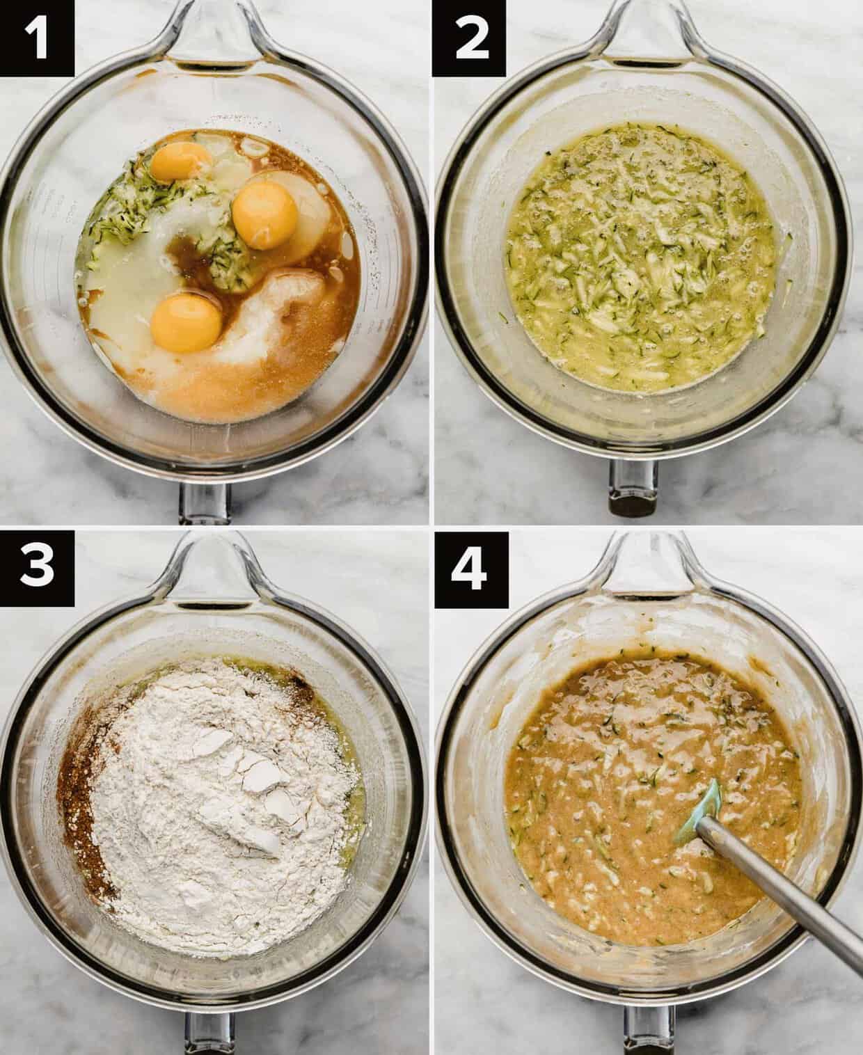 Four photos showing how to make the best zucchini cake recipe: eggs, sugar, zucchini, oil in a bowl (top left), mixed wet ingredients for zucchini cake in a glass bowl (top right), flour atop zucchini cake batter (bottom left), zucchini cake batter in a glass bowl (bottom right).