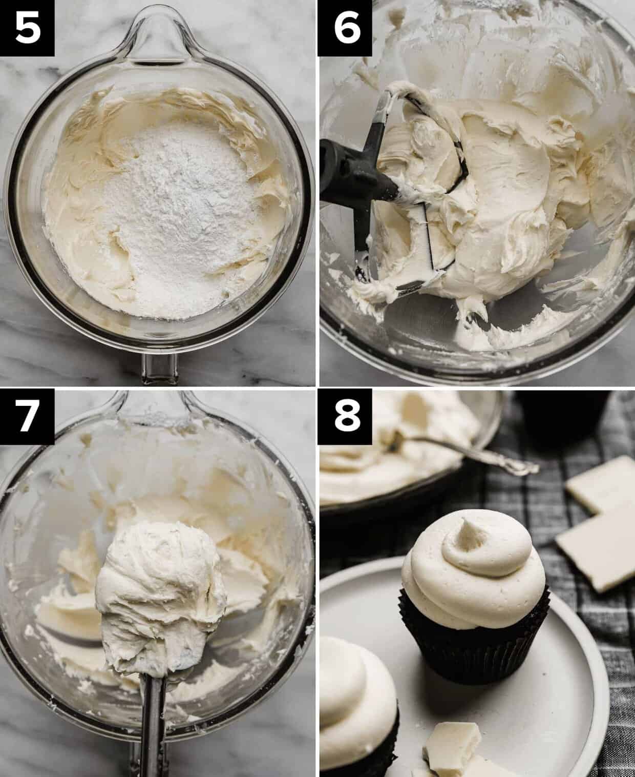 Four photos showing how to make the best White Chocolate Buttercream Frosting: powdered sugar over whipped butter in glass bowl (top left), whipped white chocolate frosting in a glass bowl (top right), a spatula balancing white chocolate buttercream frosting on it (bottom left), White Chocolate Buttercream Frosting swirled on top of an oreo cupcake.
