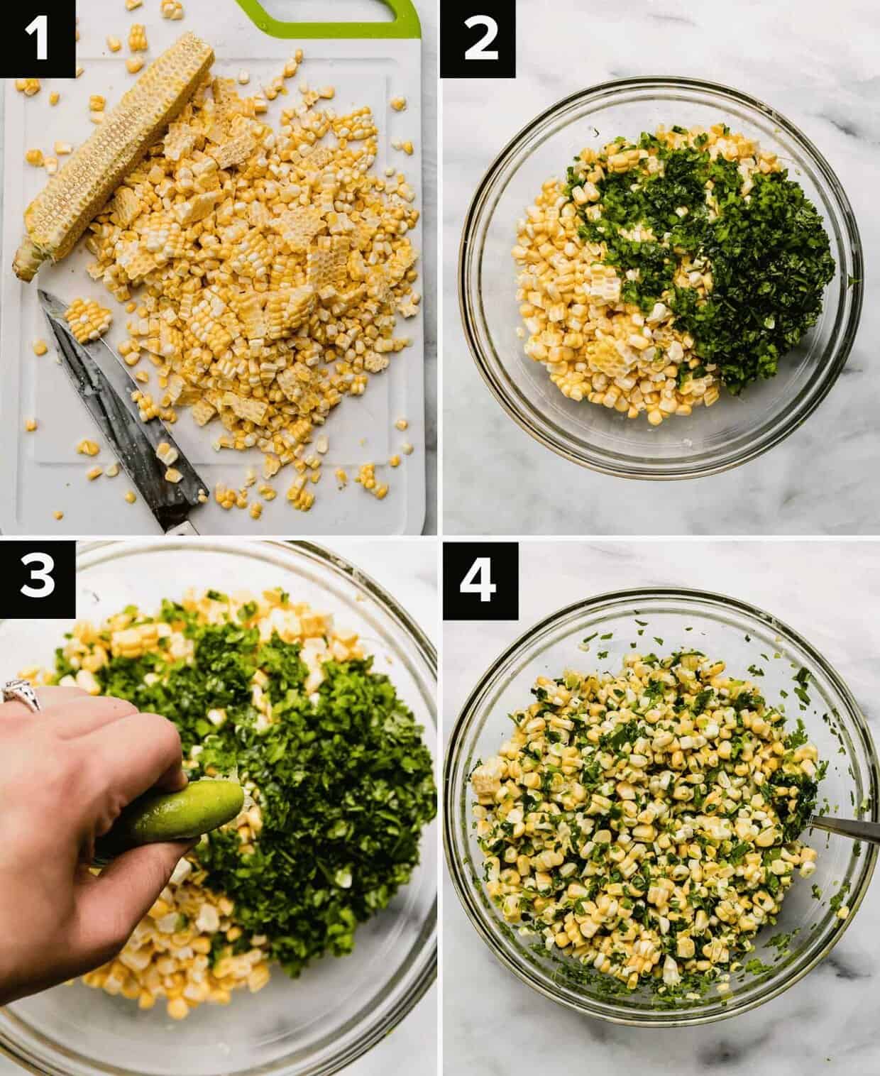 Four photos showing how to make the best fresh corn salsa recipe: corn cut off the cob on a cutting board (top left), glass bowl filled with corn and cilantro and jalapeños (top right), fresh lime squeezed into corn salsa (bottom left), fresh corn salsa recipe in a glass bowl (bottom right).
