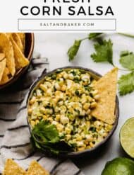 Corn salsa in a black bowl with the words, "Fresh Corn Salsa" written in black font above the photo.