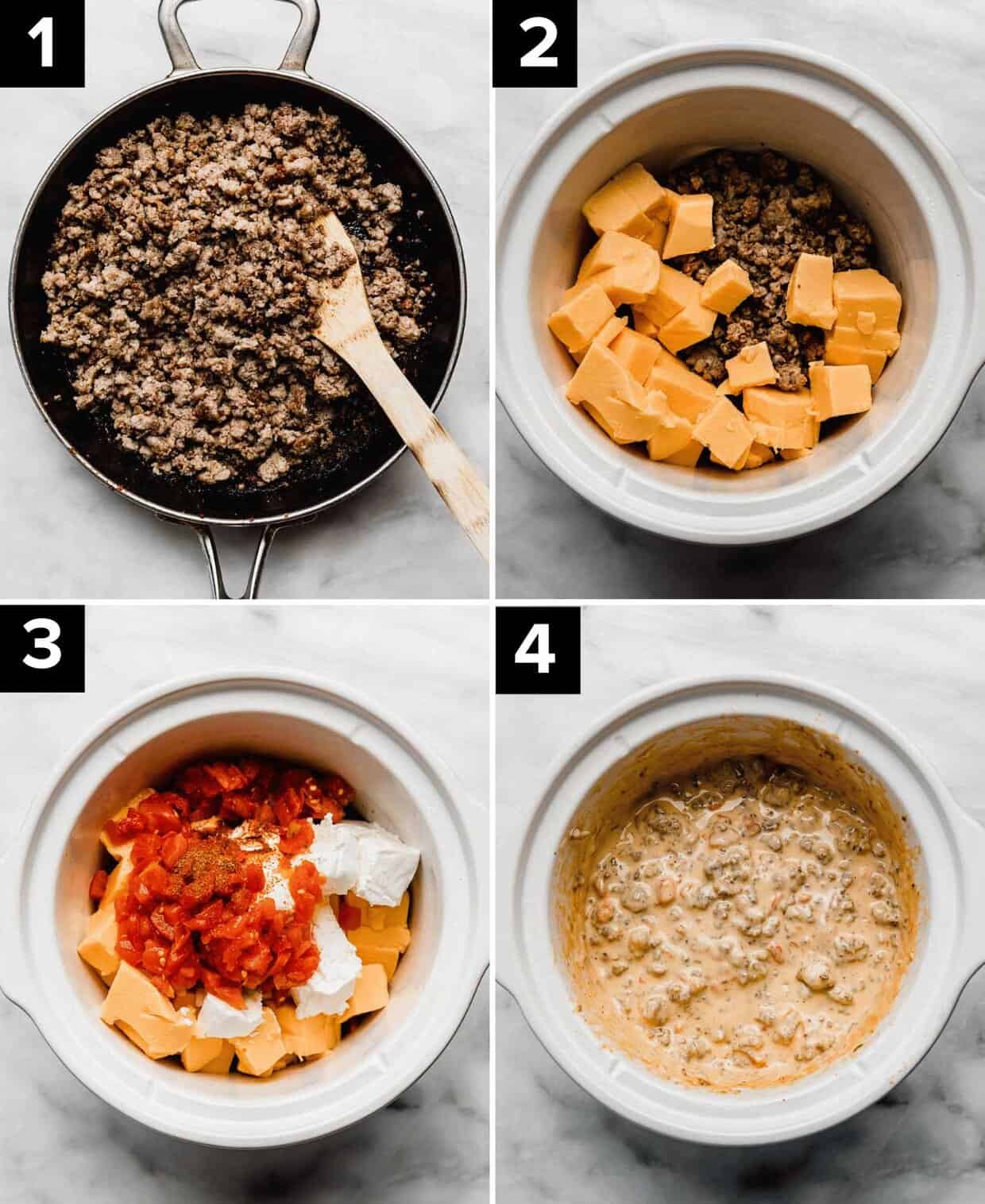 Four photos showing how to make the best beef and sausage rotel dip with Philadelphia cream cheese in a crock pot.