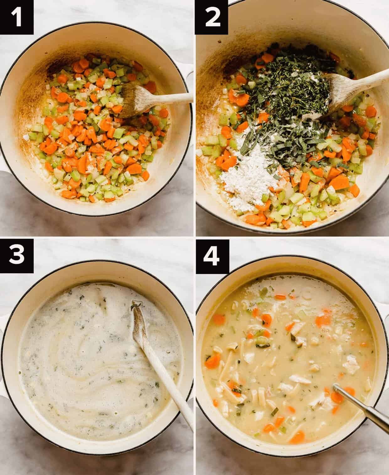 Four photos showing how to make the best Creamy Chicken Noodle Soup Recipe: carrots, onion, and celery in a white pot (top left), fresh herbs atop chopped carrots, onion, and celery in a white pot (top right), chicken broth poured into a pot to make chicken noodle soup (bottom left), egg noodles stirred into a pot filled with chicken broth (bottom right).